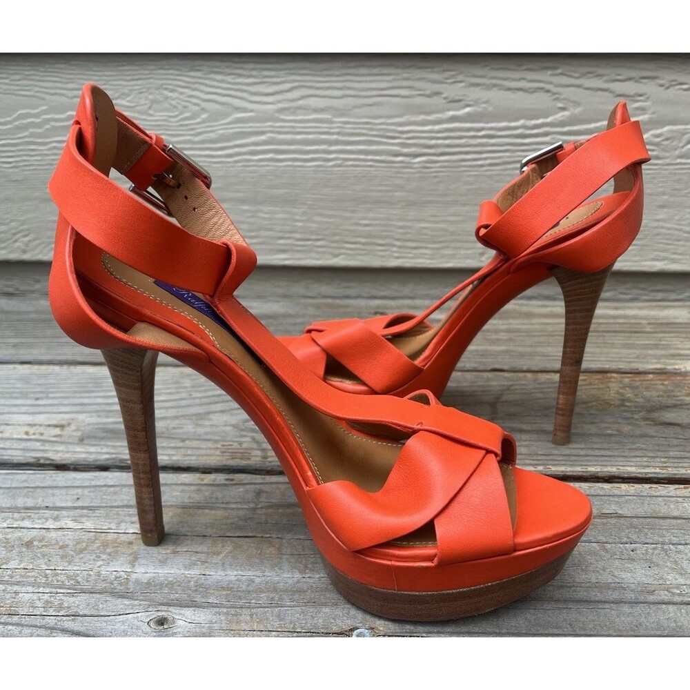 Ralph Lauren Purple Label Women’s 39.5 B Orange Leather 5" Heel Sandals Italy - Picture 11 of 15